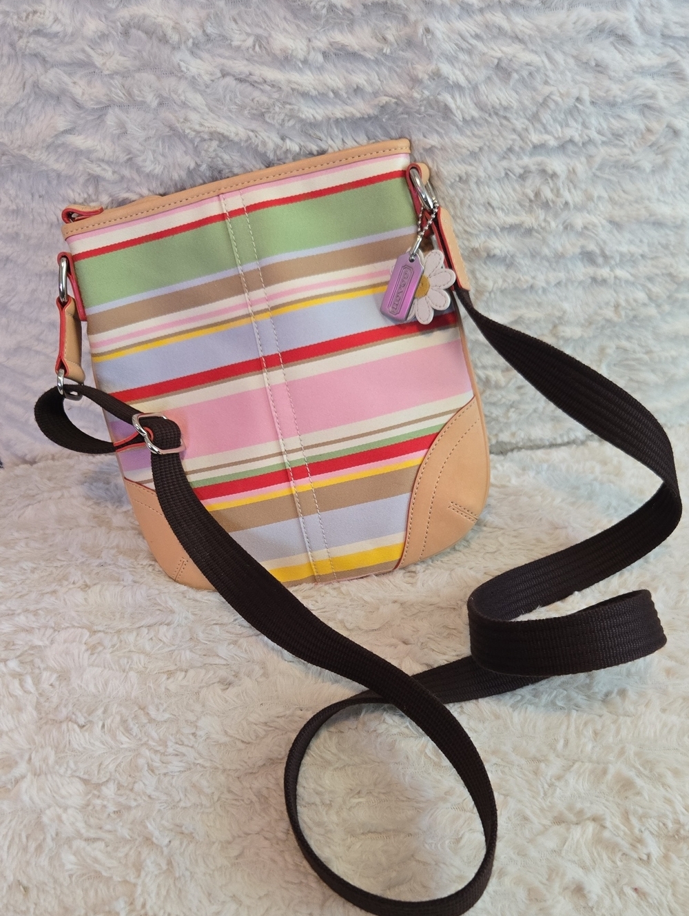 Coach Multicolor Striped Crossbody with Pink Tan Accents Daisy And Metal Hangtag